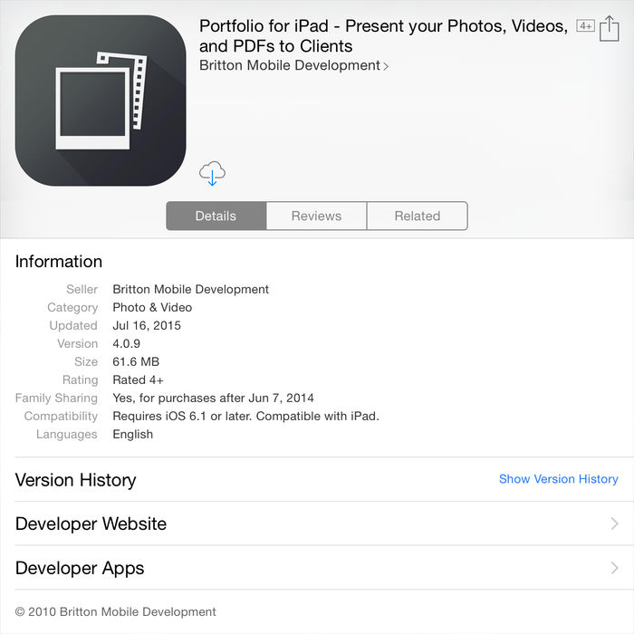 Screenshot of Portfolio's App Store metadata