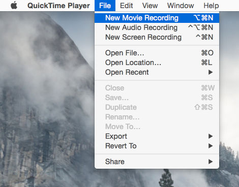 Screenshot of creating a new recording in QuickTime Player