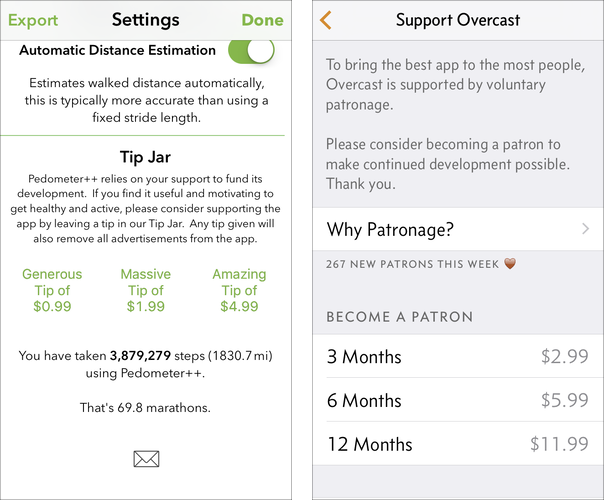 Screenshot of Pedometer++ and Overcast support screens