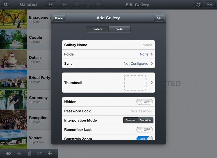 Screenshot of the add gallery panel in Portfolio 3.0