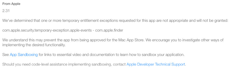 App Store rejection message