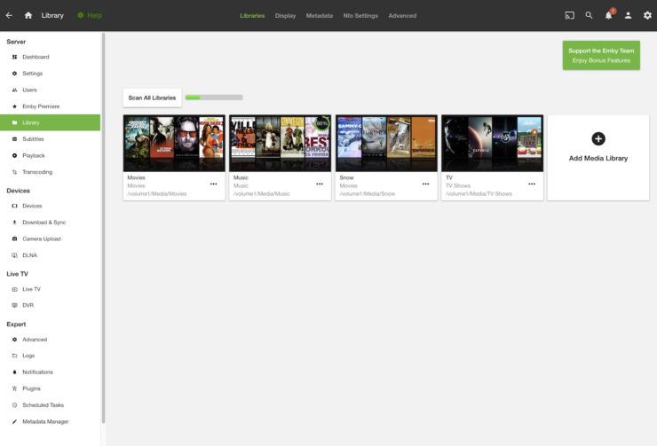 Screenshot of Emby's management interface