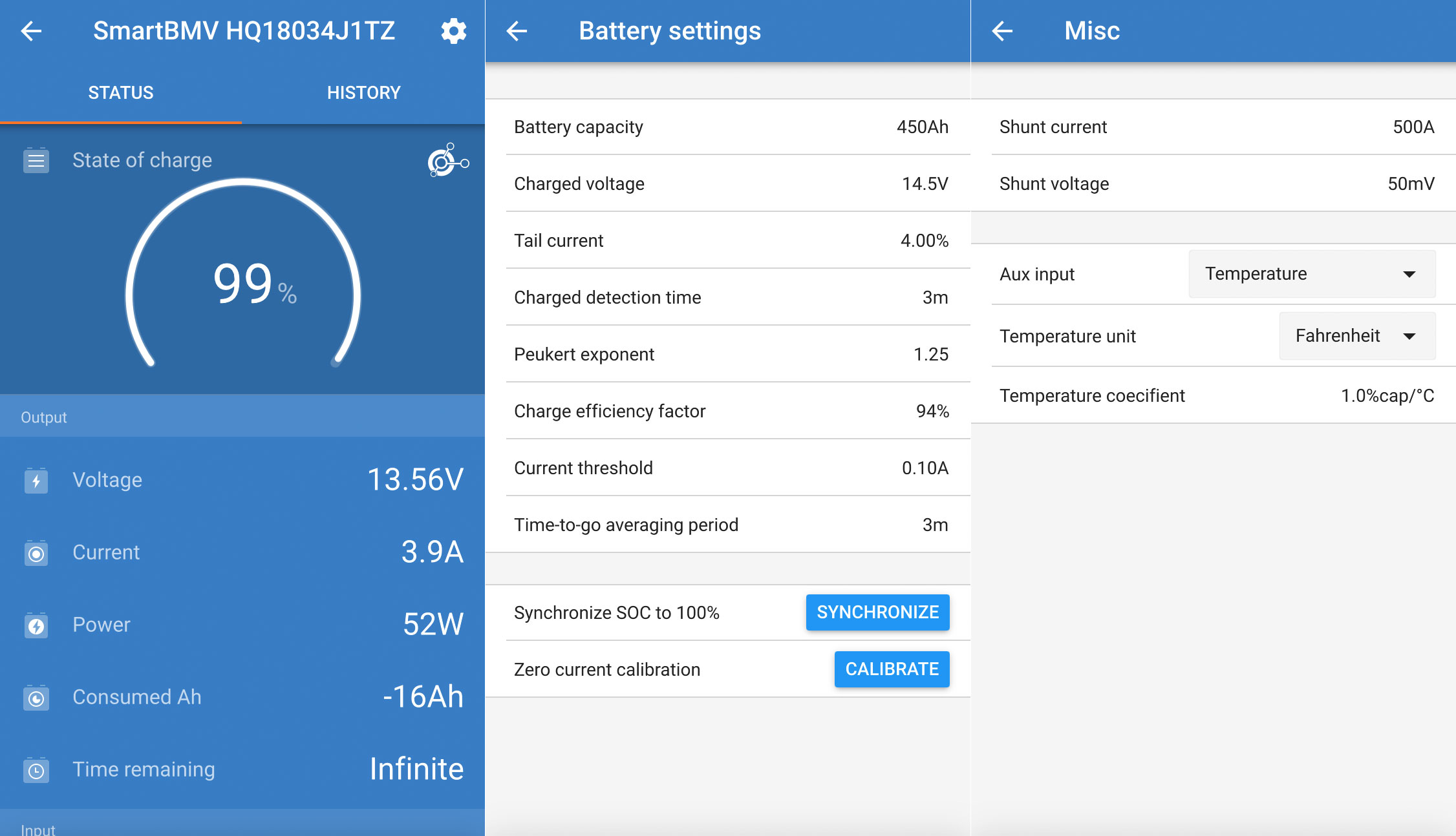 Screenshot of the Victron app configuring the BMV-712