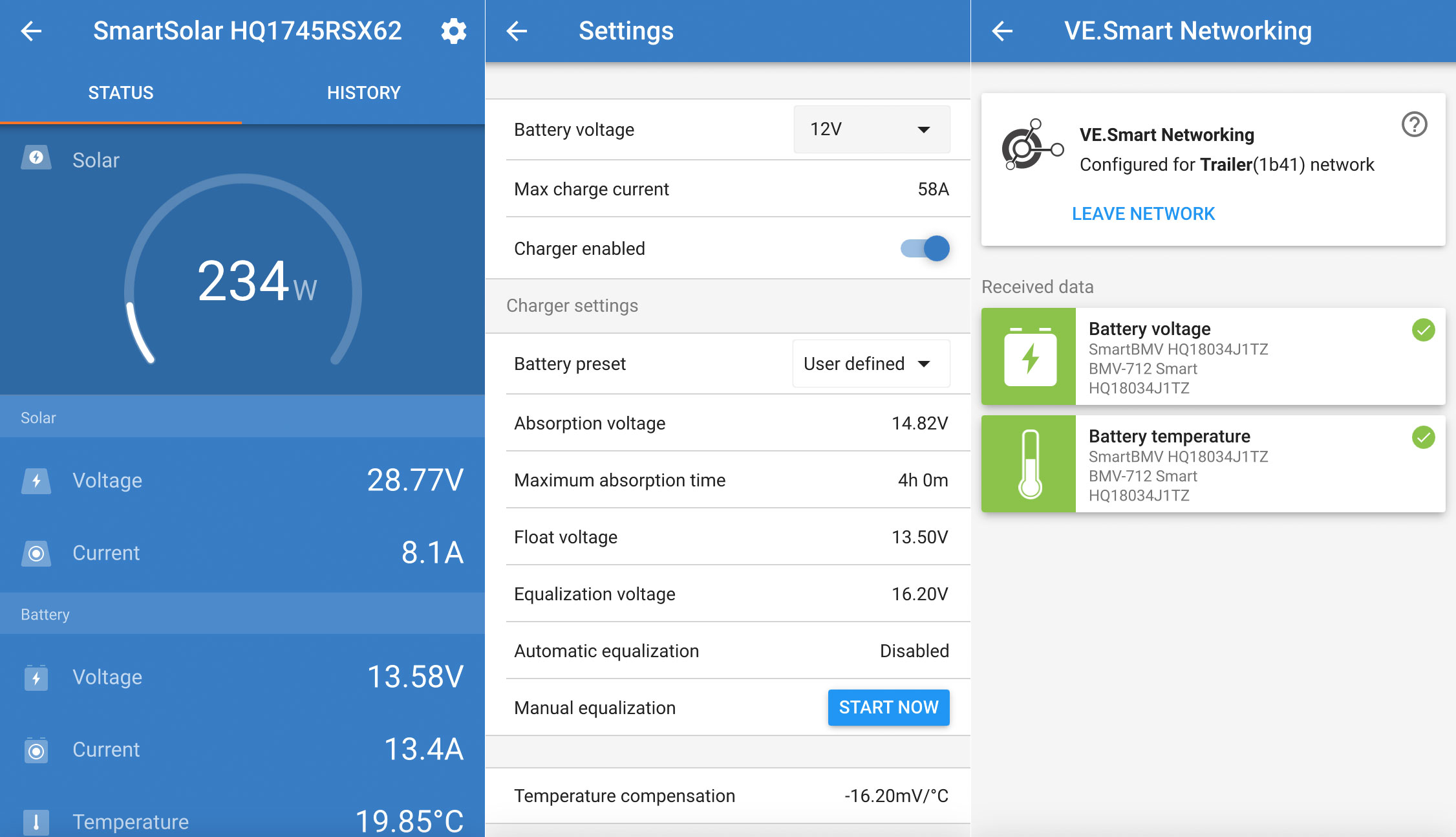 Screenshot of the Victron app configuring the SmartSolar 150/85
